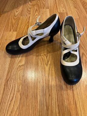 John Fluevog Black and White Mary Jane Heels with Cross Strap